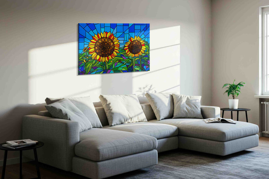 Radiant Sunlit Blooms sunflowers canvas print in a living room scene