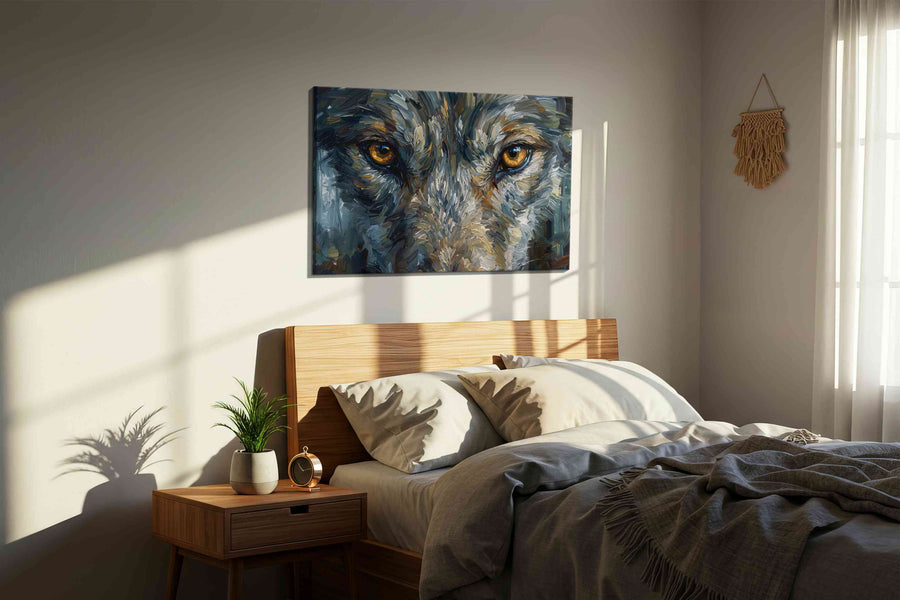 Eyes of the Wilderness wolf canvas print, displayed in a bedroom