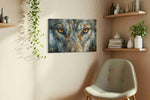 Eyes of the Wilderness wolf canvas print, displayed in a living room