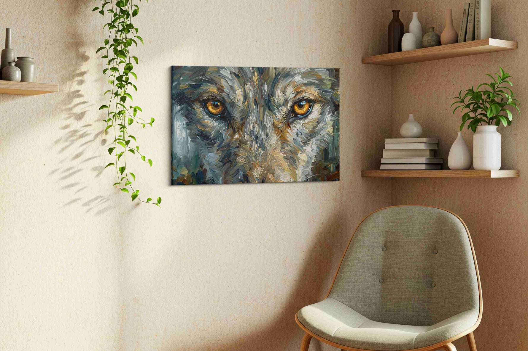 Eyes of the Wilderness wolf canvas print, displayed in a living room