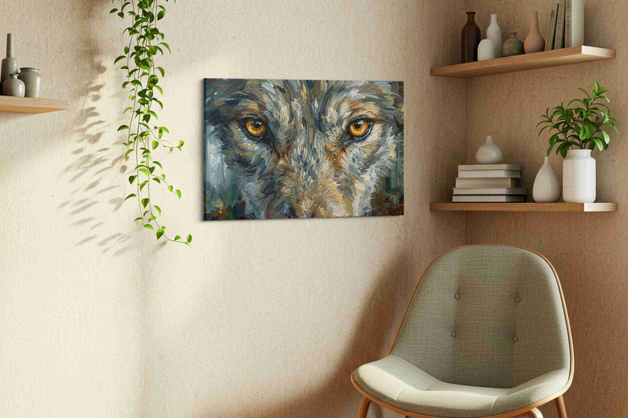 Eyes of the Wilderness wolf canvas print, displayed in a living room