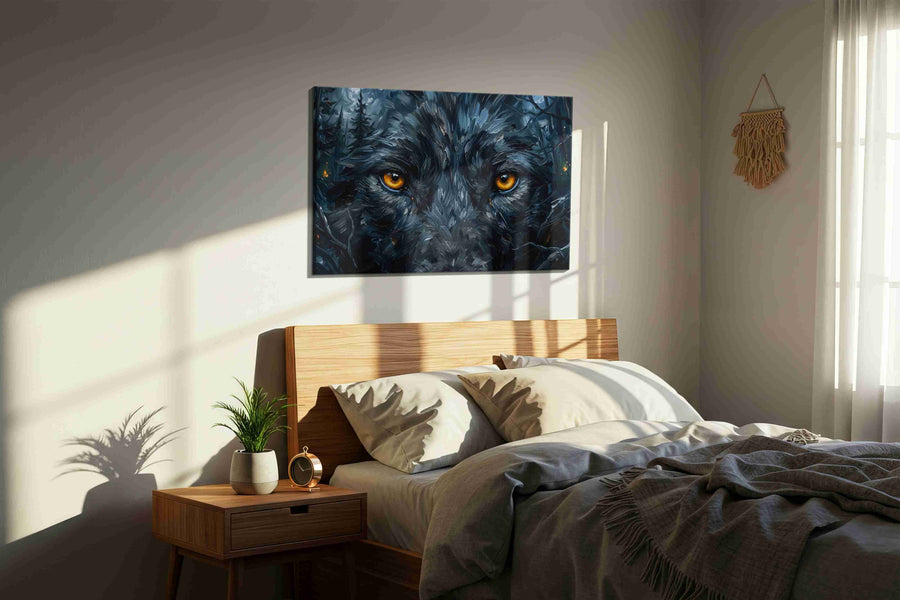 Gaze of the Midnight Wolf wolf canvas print, displayed in a bedroom