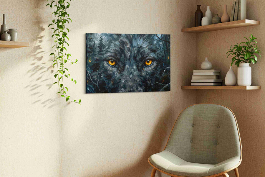 Gaze of the Midnight Wolf wolf canvas print, displayed in a living room