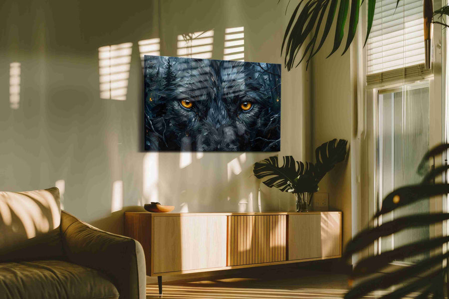 Gaze of the Midnight Wolf wolf canvas print, on wall, lifestyle preview