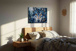 Lunar Guardian wolf canvas print, displayed in a bedroom
