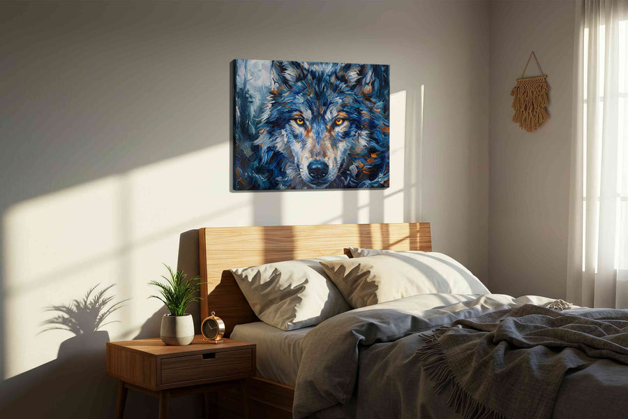 Lunar Guardian wolf canvas print, displayed in a bedroom
