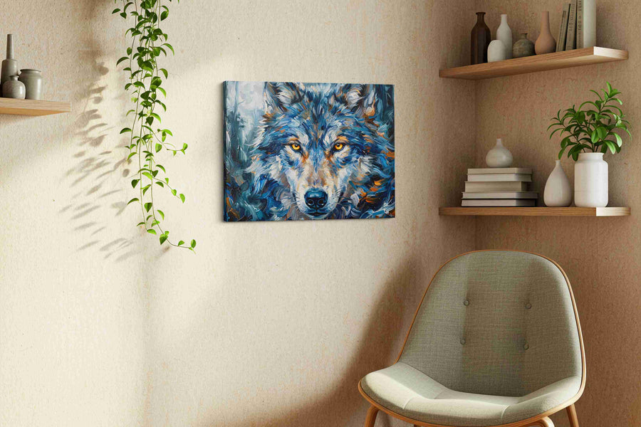 Lunar Guardian wolf canvas print, displayed in a living room