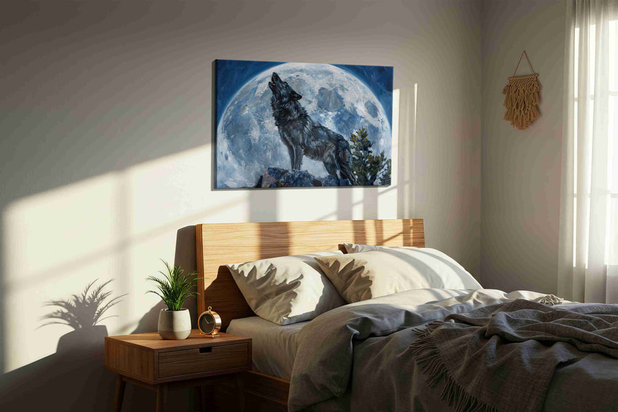 Lunar Howl Serenity wolf canvas print, displayed in a bedroom