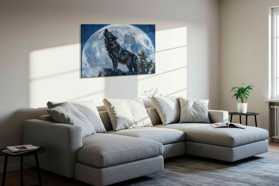Lunar Howl Serenity wolf canvas print, displayed in a living room