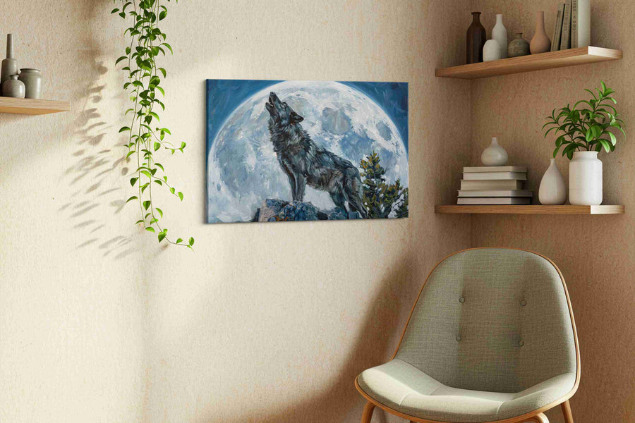 Lunar Howl Serenity wolf canvas print in a living room scene