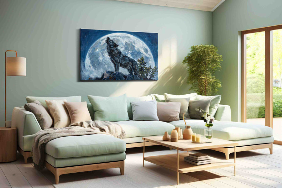 Lunar Howl Serenity wolf canvas print, hanging on wall