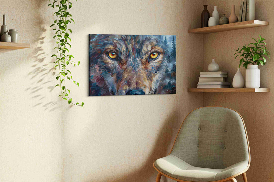 Spirit of the Wild Gaze wolf canvas print, displayed in a living room