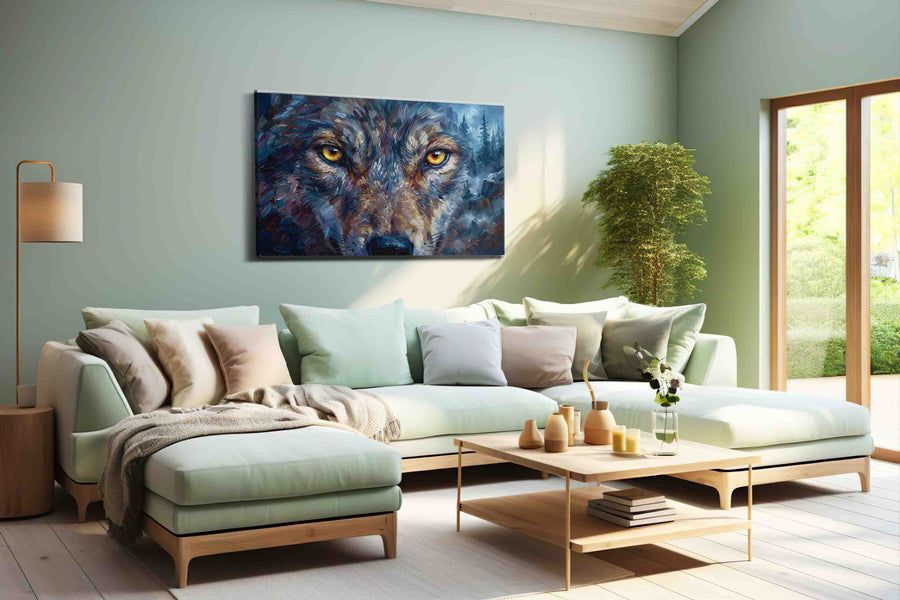 Spirit of the Wild Gaze wolf canvas print, hanging on wall