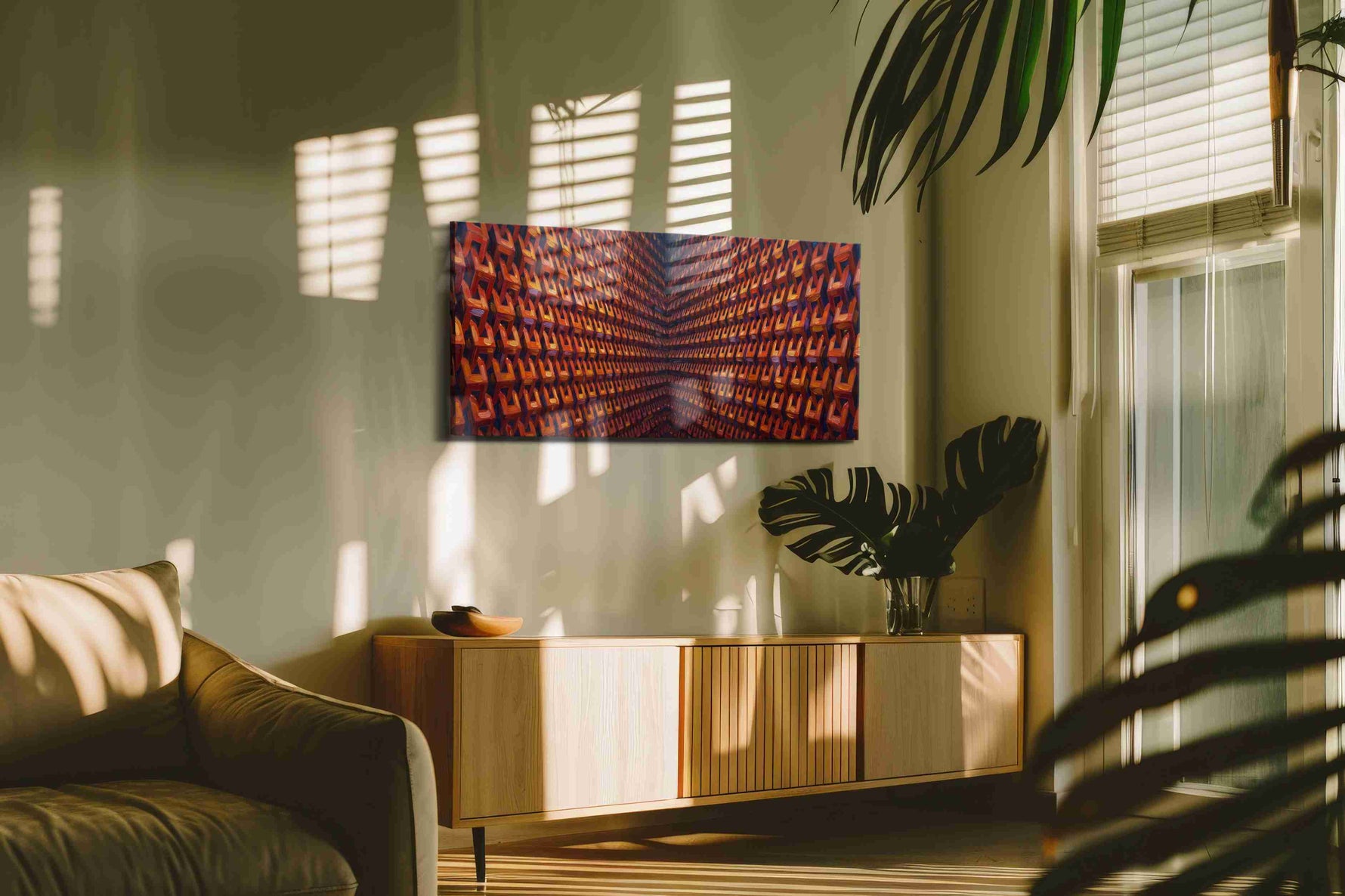 Echoes of the Infinite geometric canvas print in a contemporary interior mockup