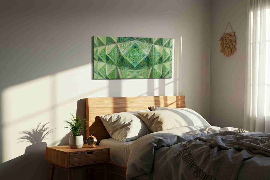 Emerald Labyrinth geometric canvas print, displayed in a bedroom