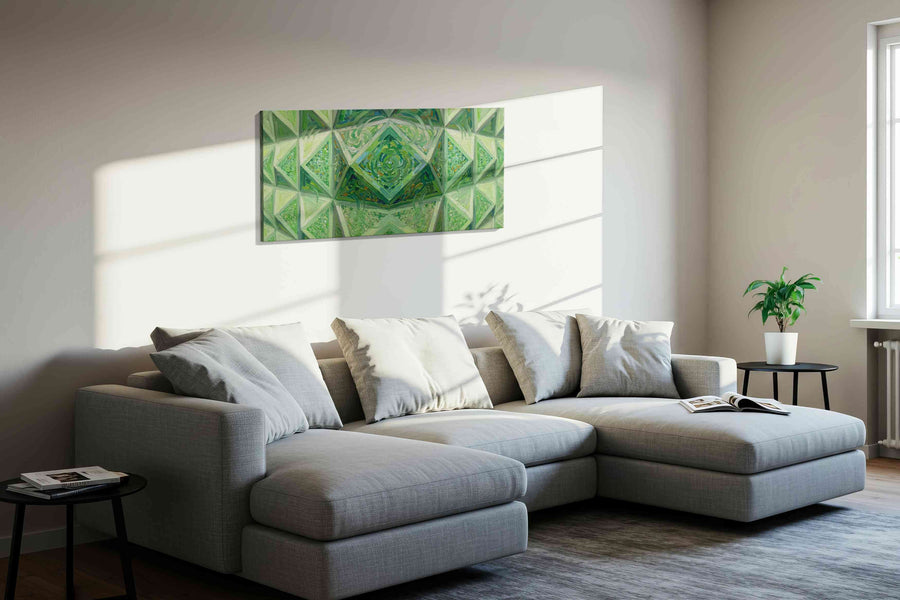 Emerald Labyrinth geometric canvas print, displayed in a living room