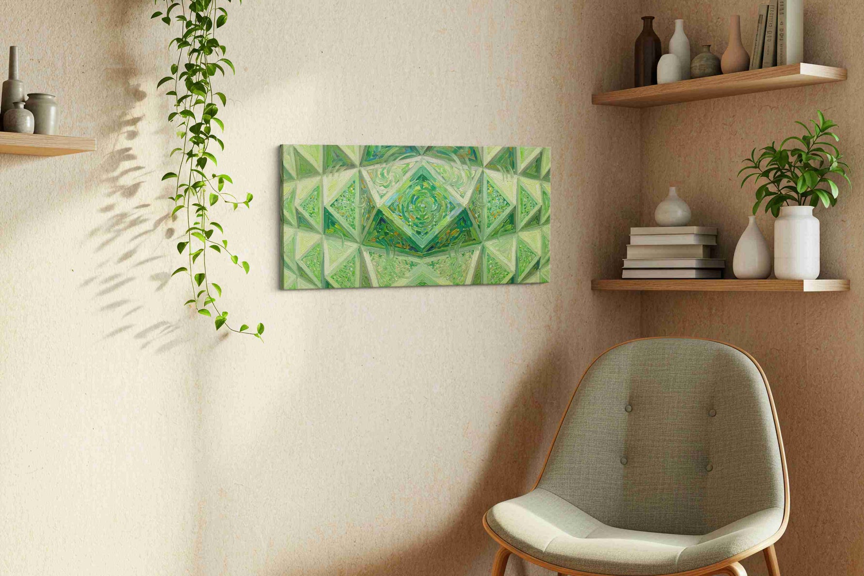 Emerald Labyrinth geometric canvas print in a living room scene
