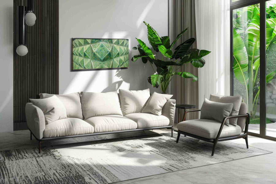 Emerald Labyrinth geometric canvas print, on wall, lifestyle preview