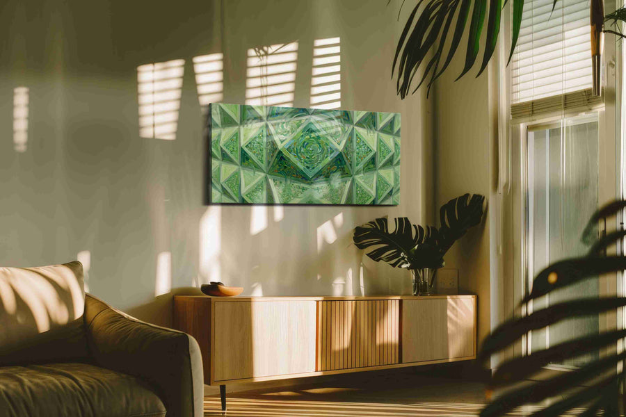 Emerald Labyrinth geometric canvas print in a contemporary interior mockup
