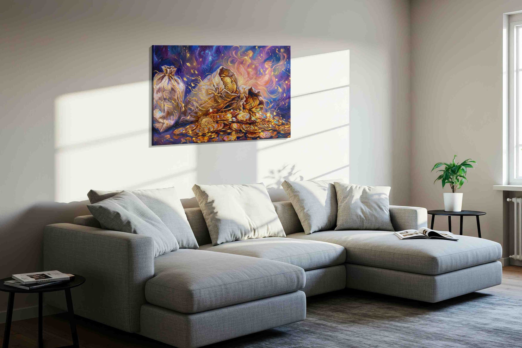 Ethereal Gold Cascade fortune canvas print in a living room scene