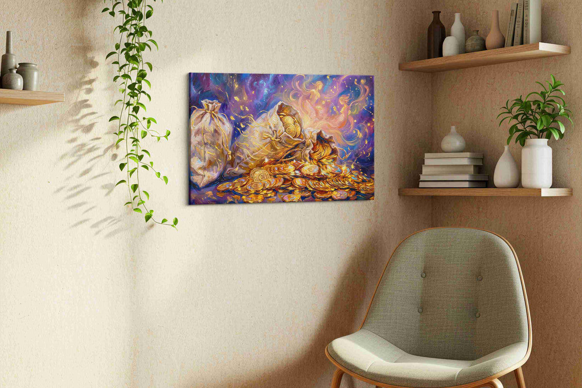 Ethereal Gold Cascade fortune canvas print, displayed in a living room