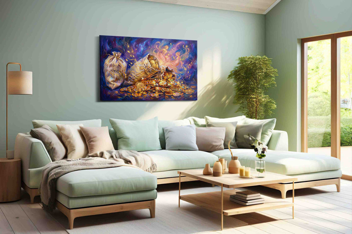 Ethereal Gold Cascade - Fortune, Feng Shui Wall Art, Prosperity Canvas Print, Good Luck Decor