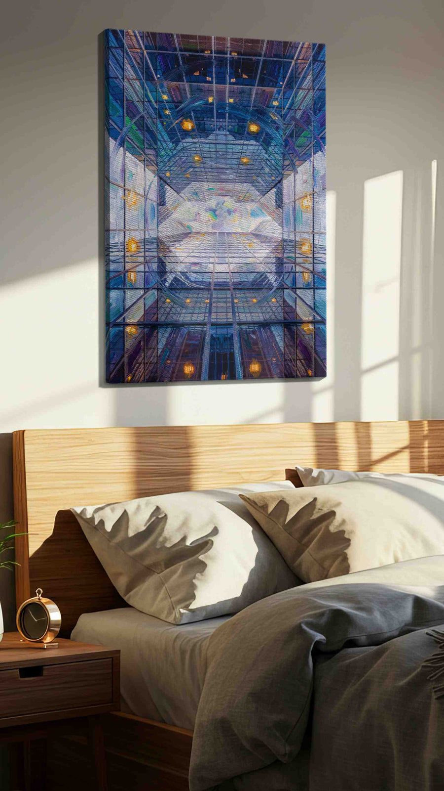 Infinite Reflections of the Sky geometric canvas print, displayed in a bedroom