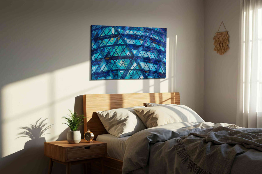Prismatic Blue Symphony geometric canvas print, displayed in a bedroom