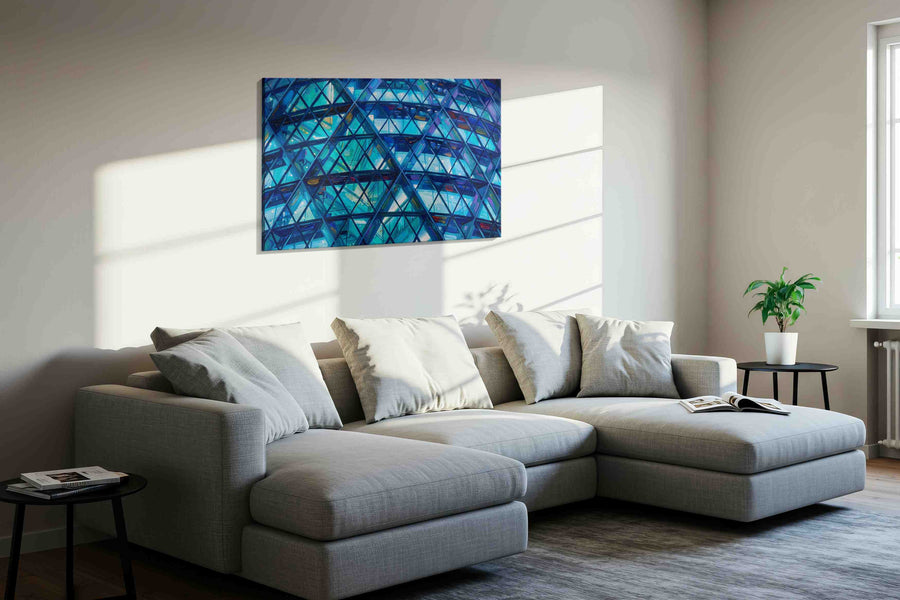 Prismatic Blue Symphony geometric canvas print, displayed in a living room
