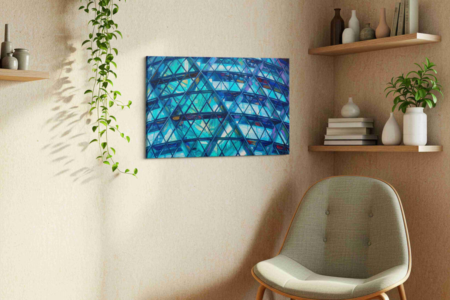 Prismatic Blue Symphony geometric canvas print styled in a living room