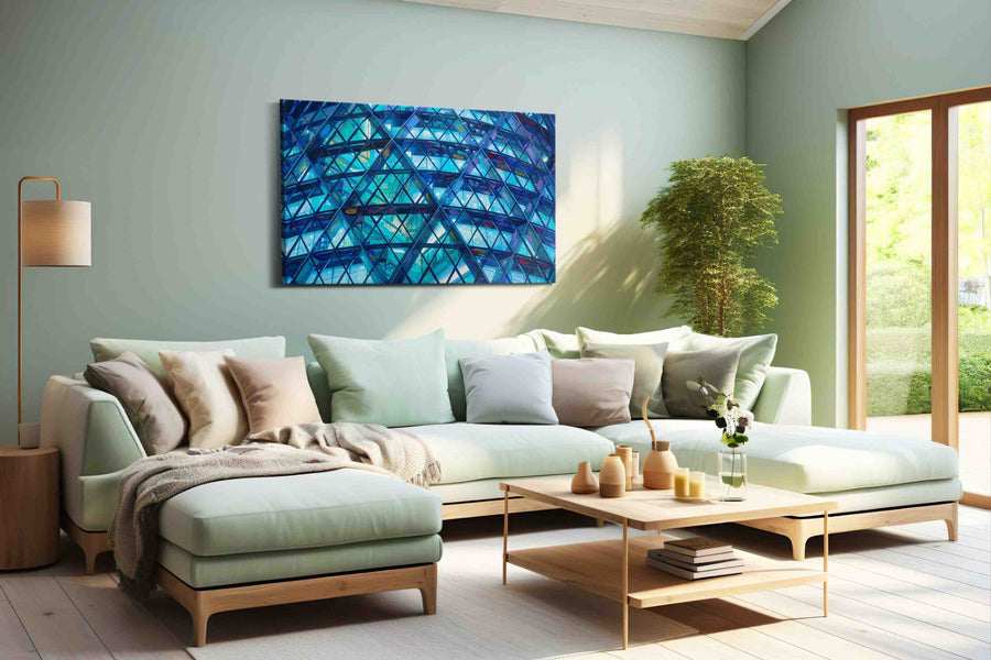 Prismatic Blue Symphony geometric canvas print, hanging on wall
