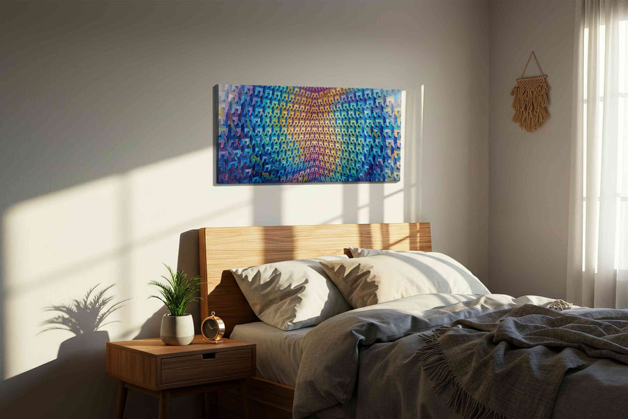 Prismatic Labyrinth geometric canvas print, displayed in a bedroom