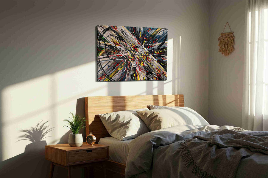 Urban Energies Unleashed modern canvas print, displayed in a bedroom