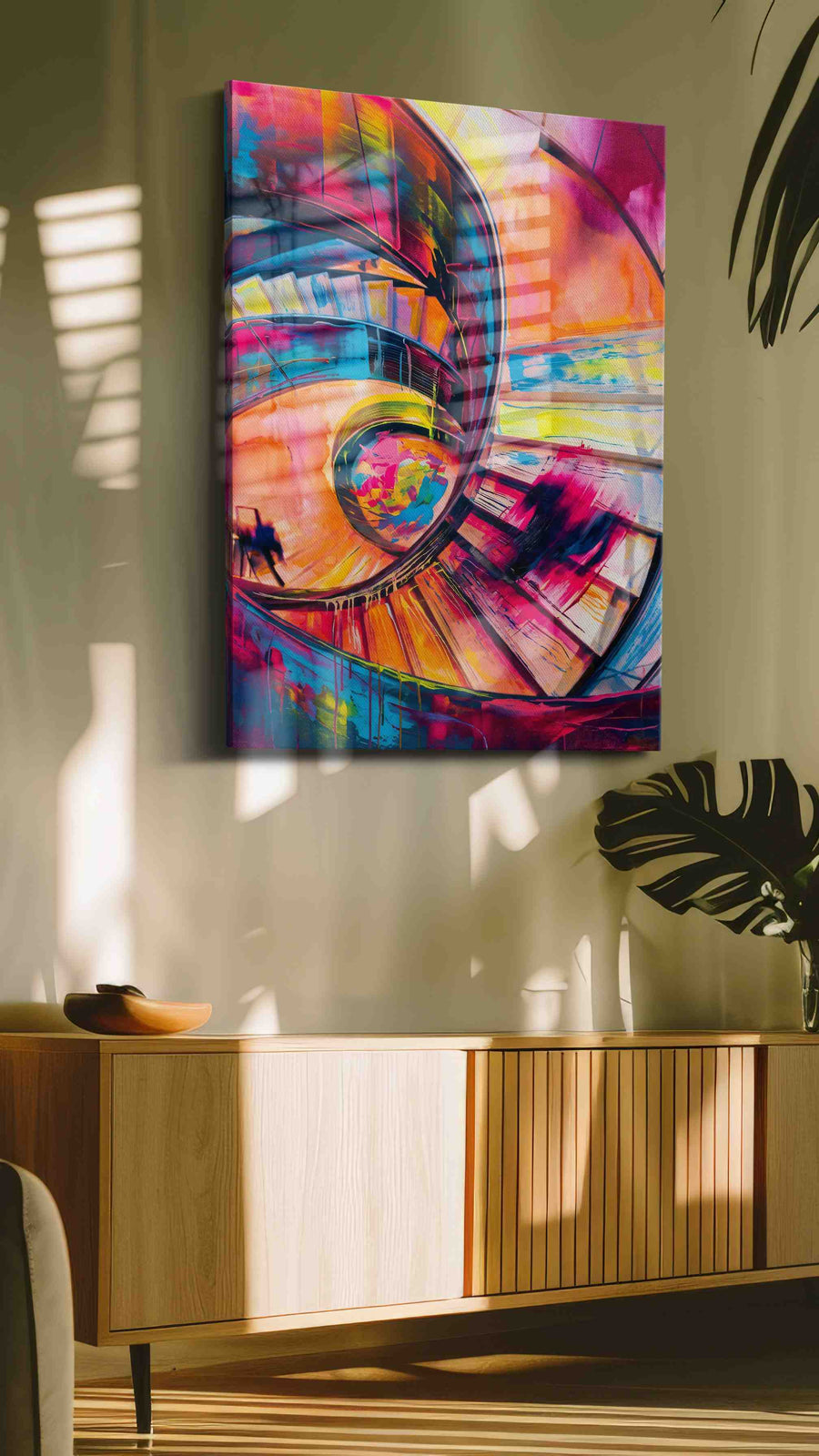 Vortex of Vivid Whirl modern canvas print in a contemporary interior mockup
