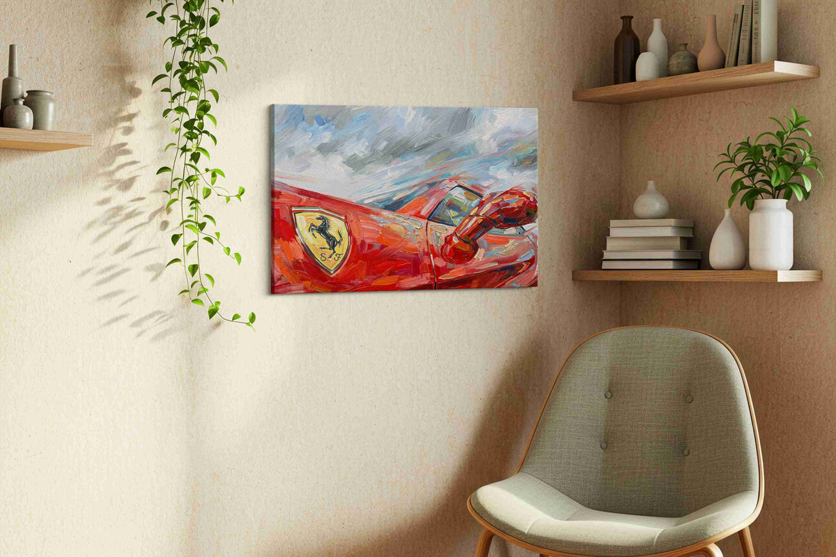 Crimson Velocity II automobile canvas print in a living room scene