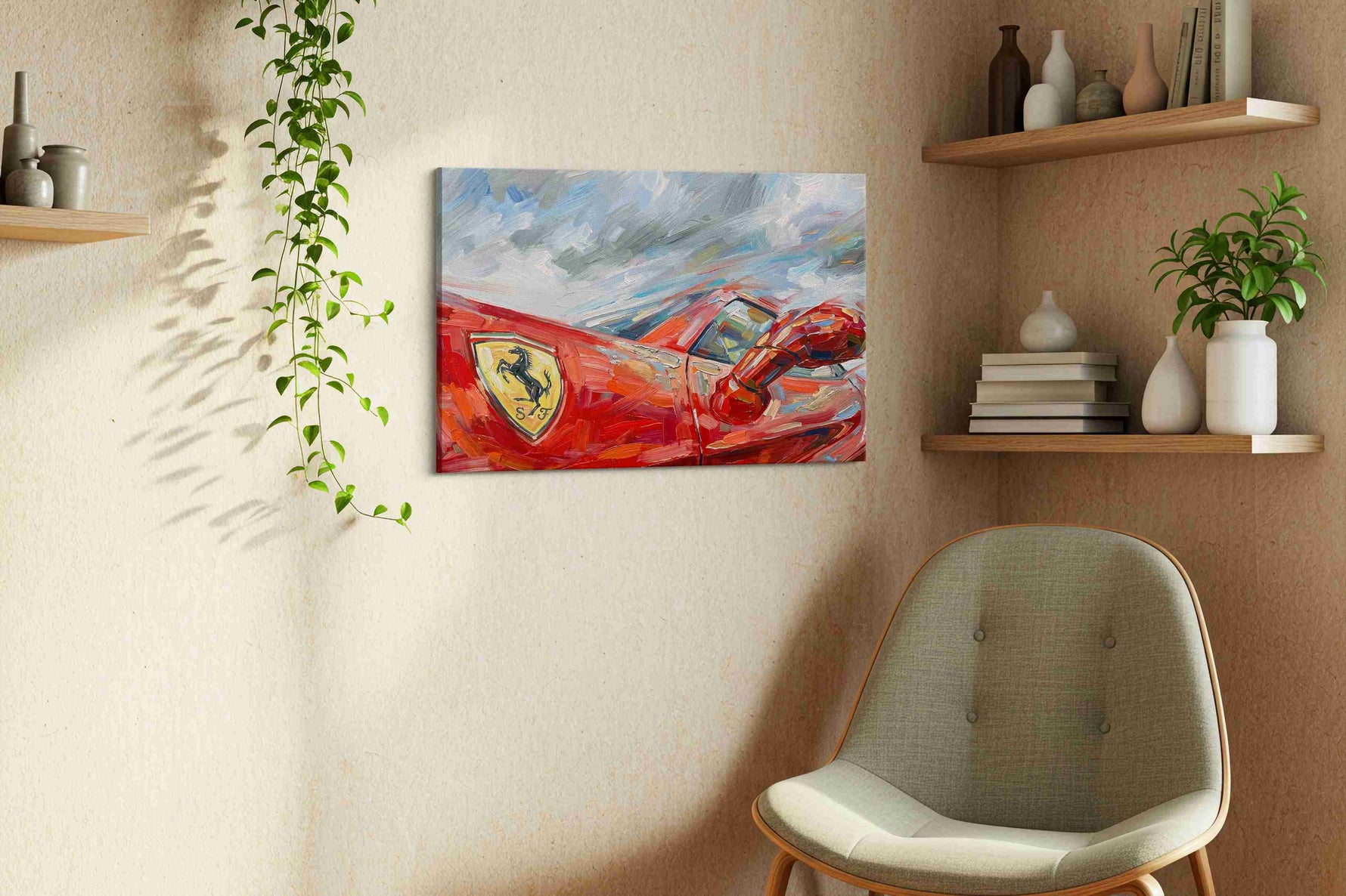 Crimson Velocity II automobile canvas print in a living room scene