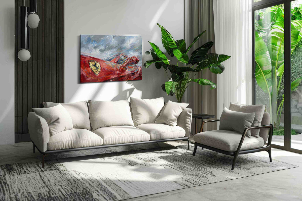 Crimson Velocity II automobile canvas print, on wall, lifestyle preview