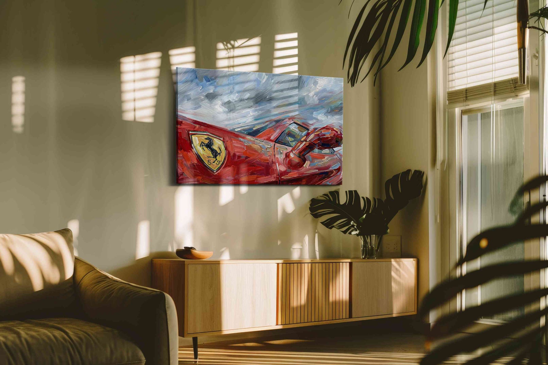 Crimson Velocity II automobile canvas print in a contemporary interior mockup