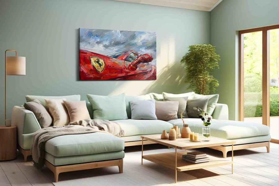 Crimson Velocity II automobile canvas print, hanging on wall