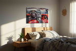 Crimson Velocity III automobile canvas print, displayed in a bedroom