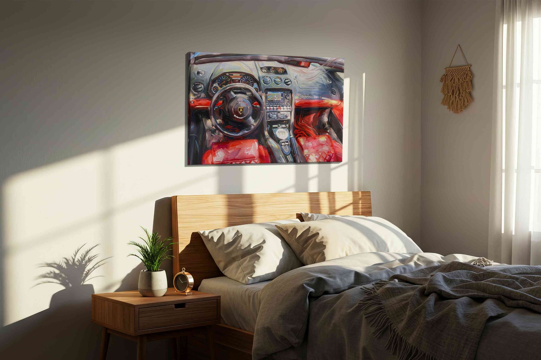 Crimson Velocity III automobile canvas print, displayed in a bedroom