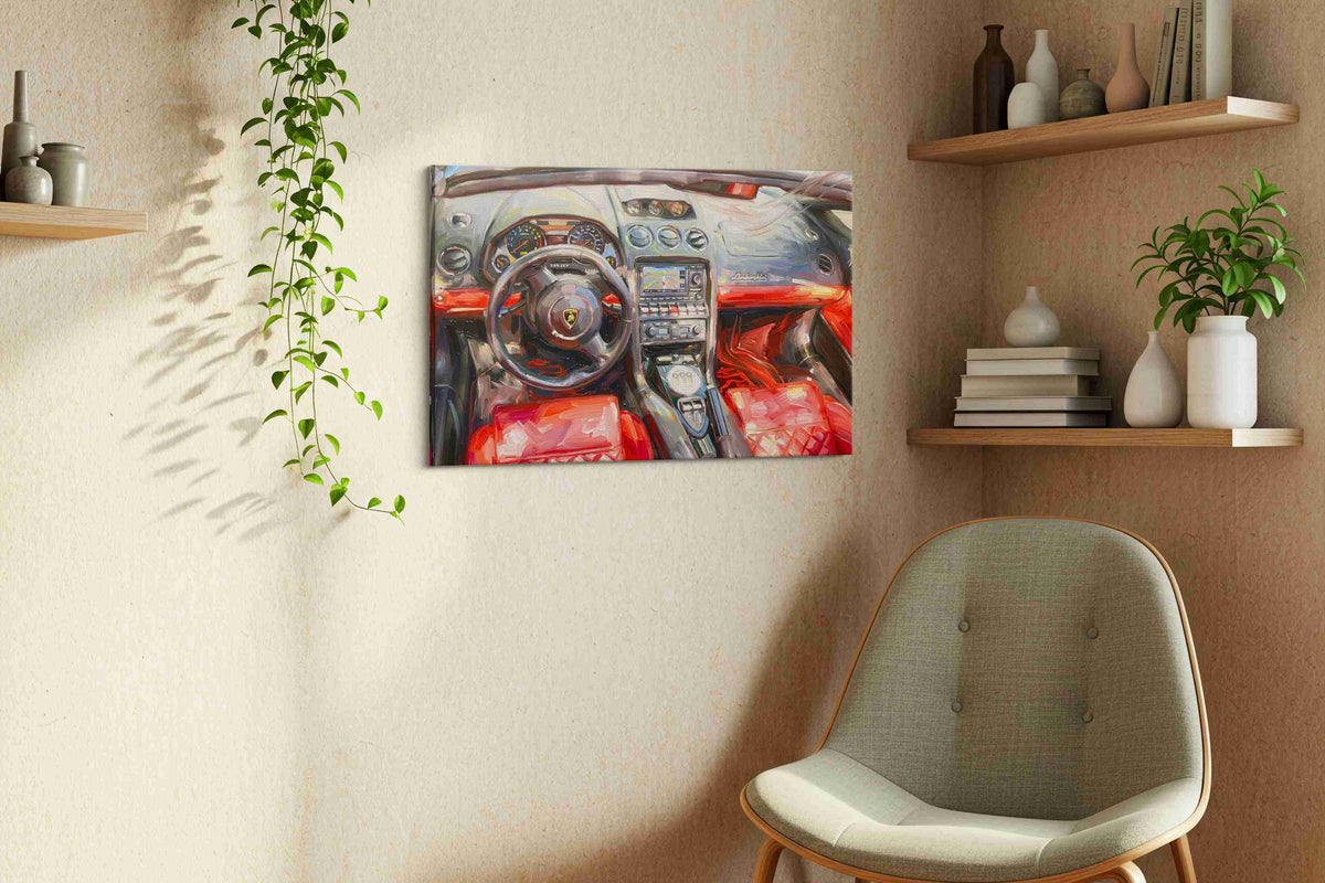 Crimson Velocity III automobile canvas print, displayed in a living room