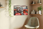 Crimson Velocity III automobile canvas print, displayed in a living room