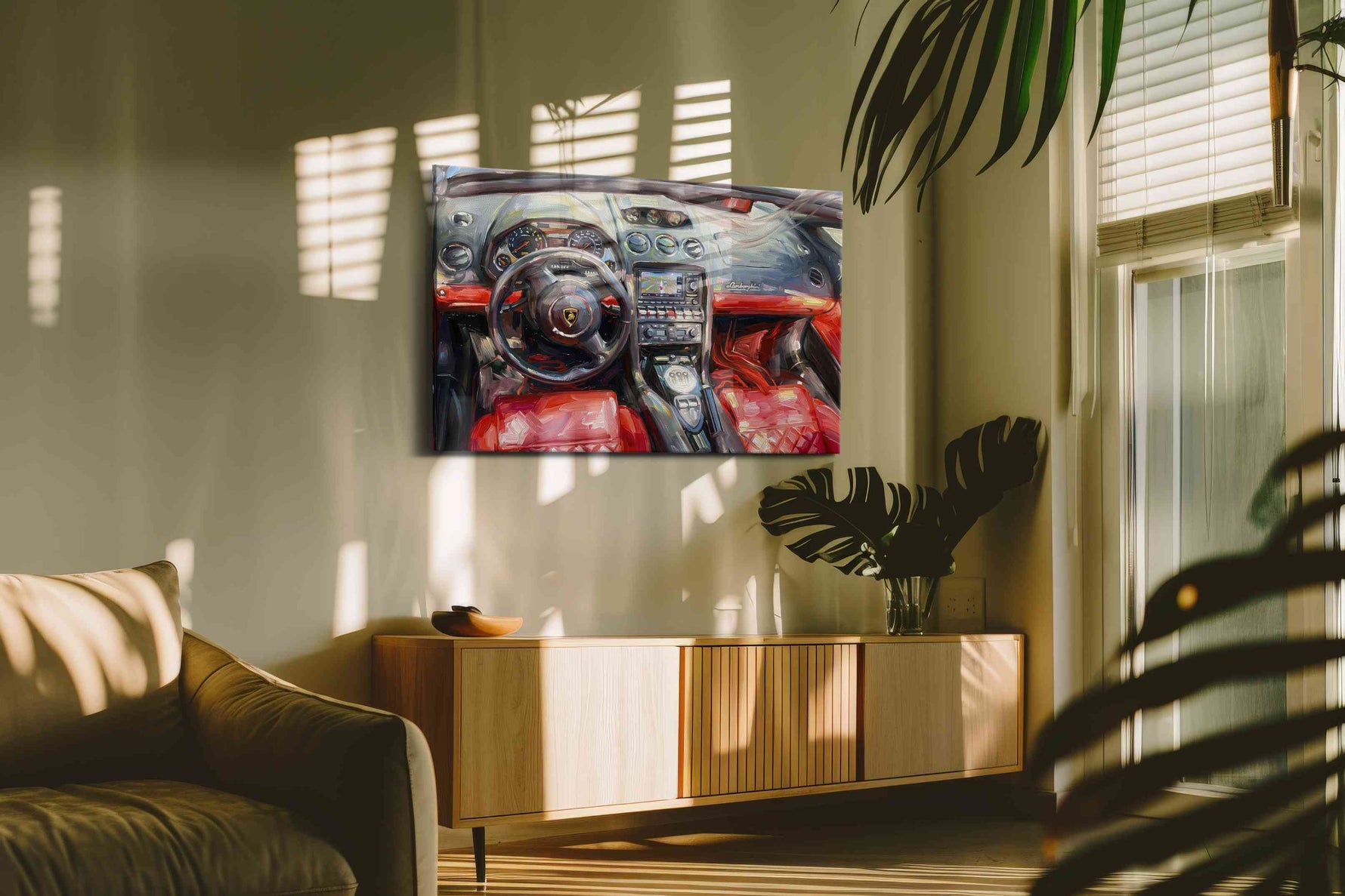 Crimson Velocity III automobile canvas print, on wall, lifestyle preview