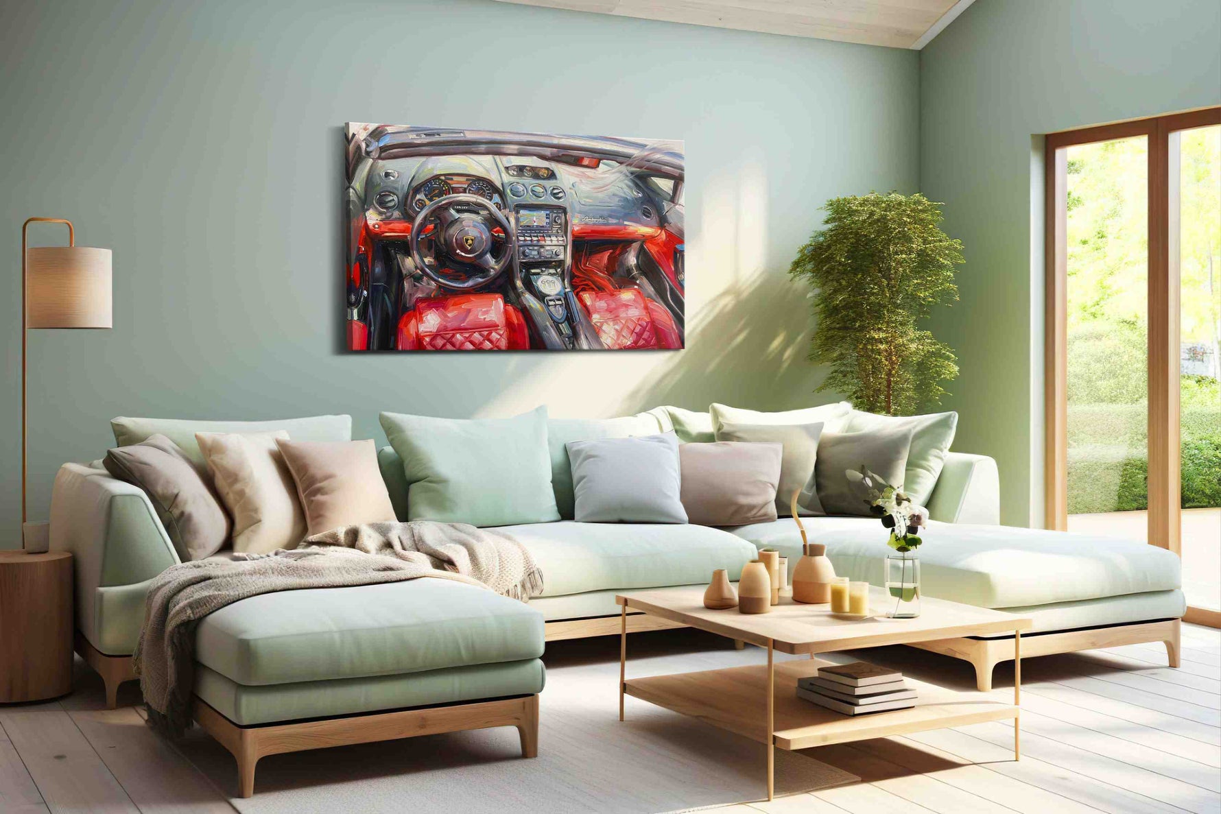 Crimson Velocity III automobile canvas print, hanging on wall