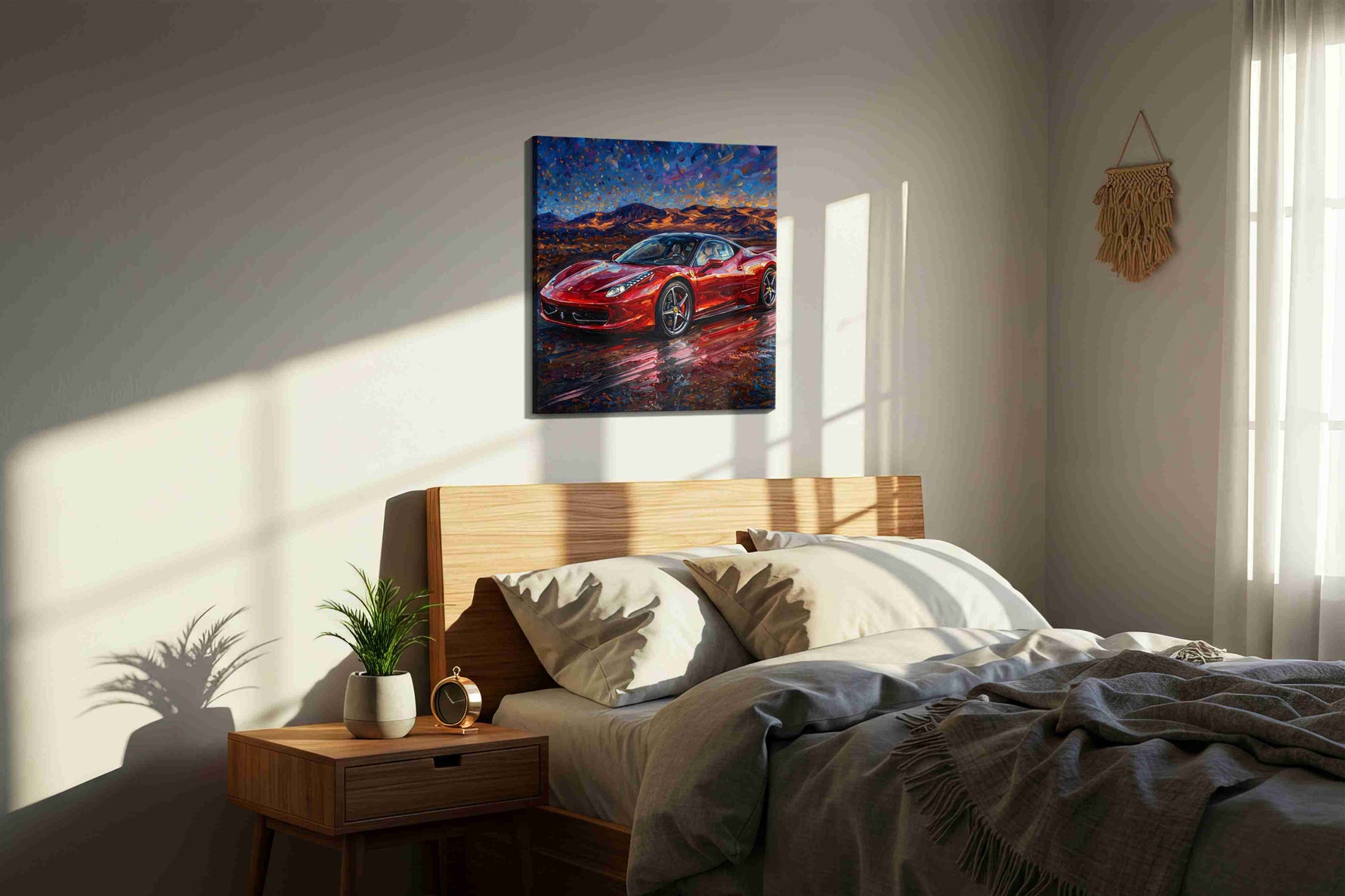 Crimson Velocity IV automobile canvas print, displayed in a bedroom