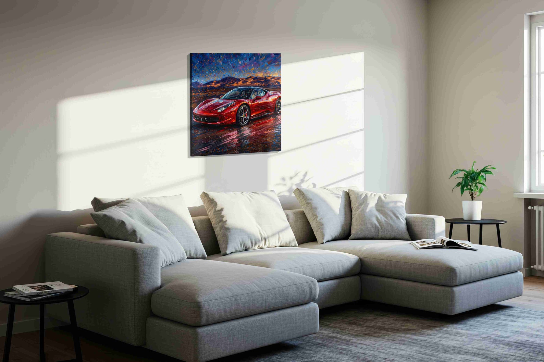 Crimson Velocity IV automobile canvas print in a living room scene