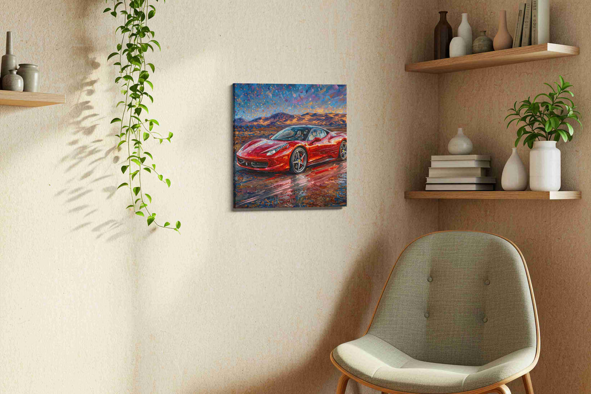 Crimson Velocity IV automobile canvas print, displayed in a living room