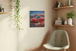 Crimson Velocity IV automobile canvas print, displayed in a living room