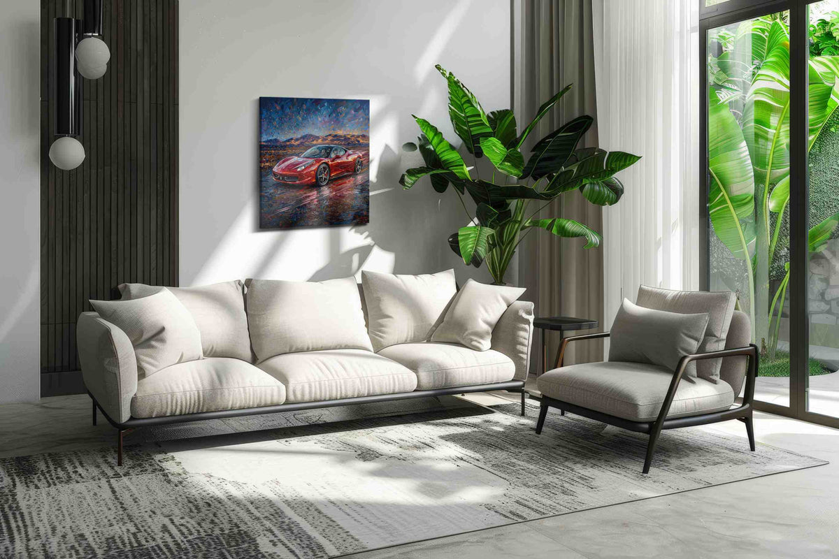 Crimson Velocity IV automobile canvas print, on wall, lifestyle preview